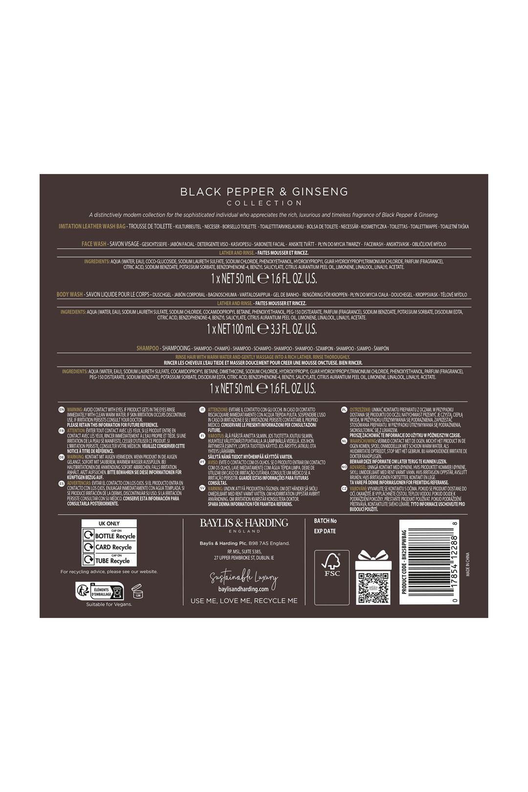 Baylis & Harding Black Pepper & Ginseng Men's The Essentials Travel Wash Bag Gift Set Multi image 8