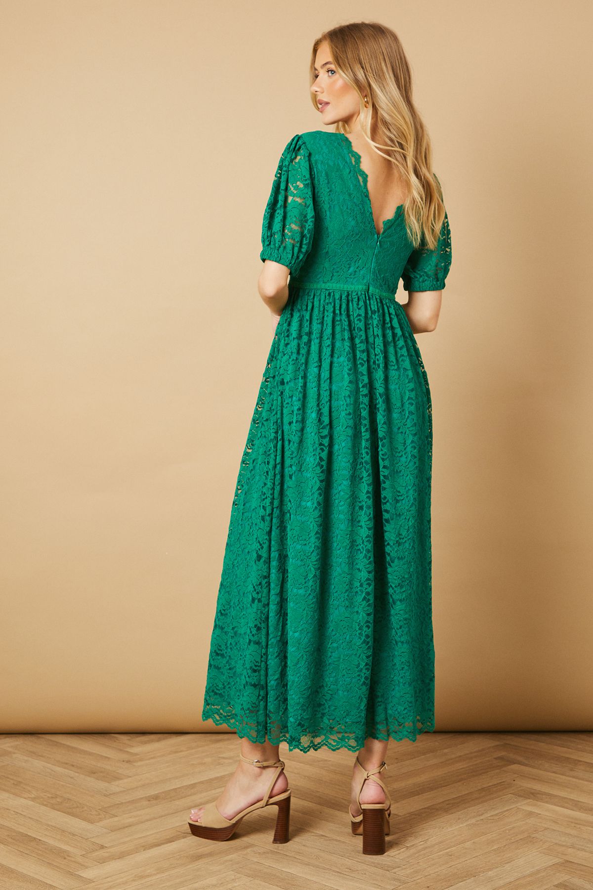 Oasis Lace Puff Sleeve V Neck Midaxi Dress Green image 5