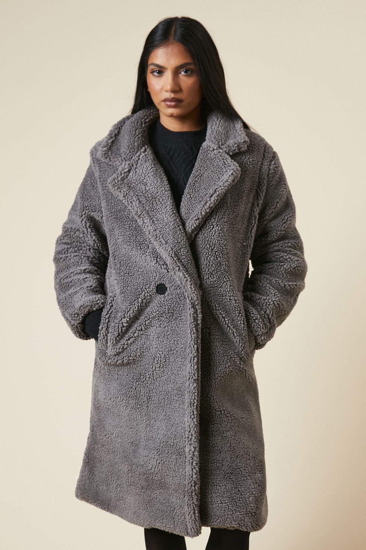 Dorothy Perkins Borg Collared Midi Coat Grey image 1