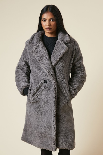 Dorothy Perkins Borg Collared Midi Coat Grey