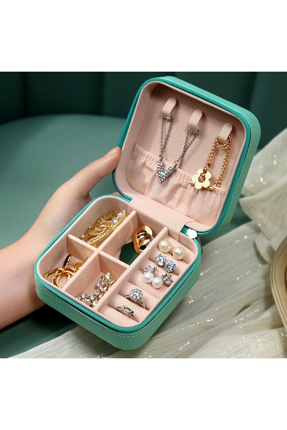 SHEONLY Blue Compact Portable PU Leather Jewellery Box image 1