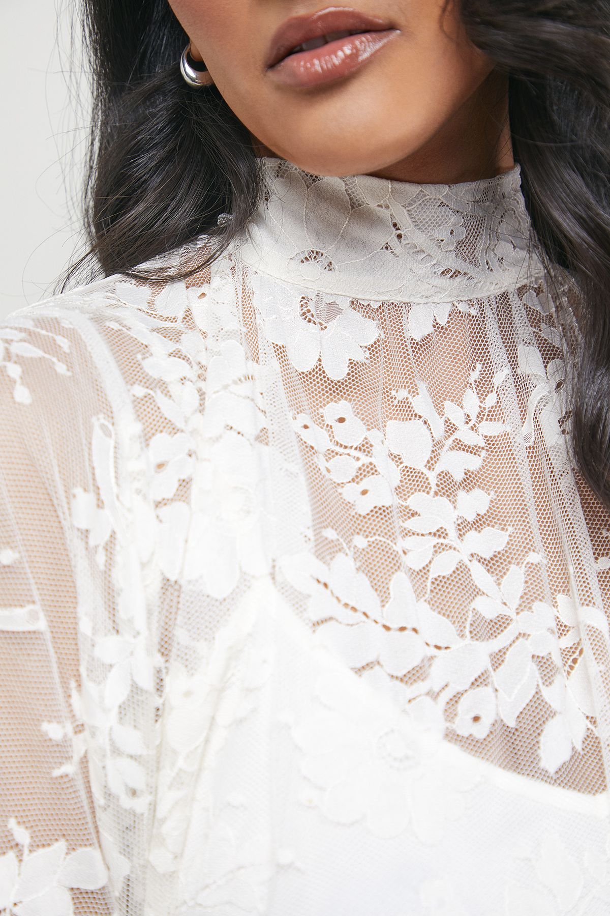 Warehouse Lace High Neck Smock Midi Dress Cream image 5