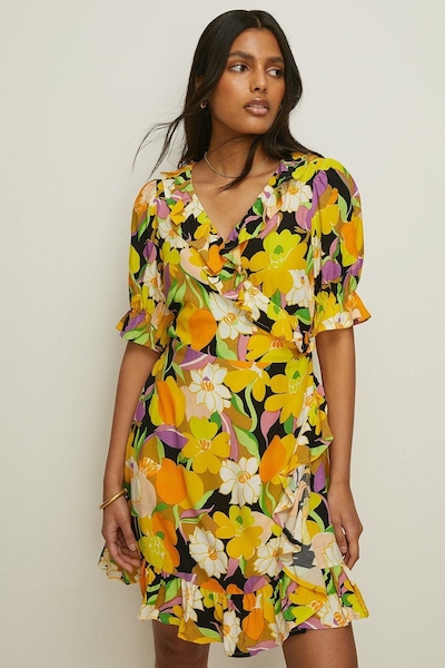 Oasis Graphic Floral Wrap Skater Dress Yellow
