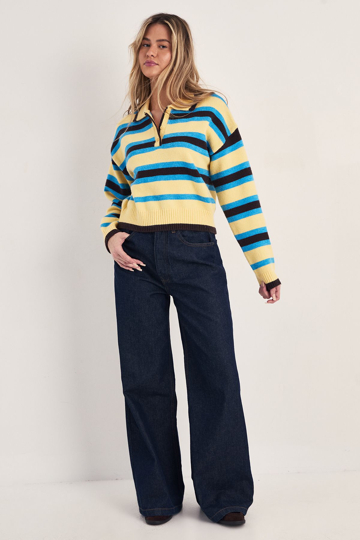 NastyGal Stripe Knitted Polo Jumper Yellow image 2