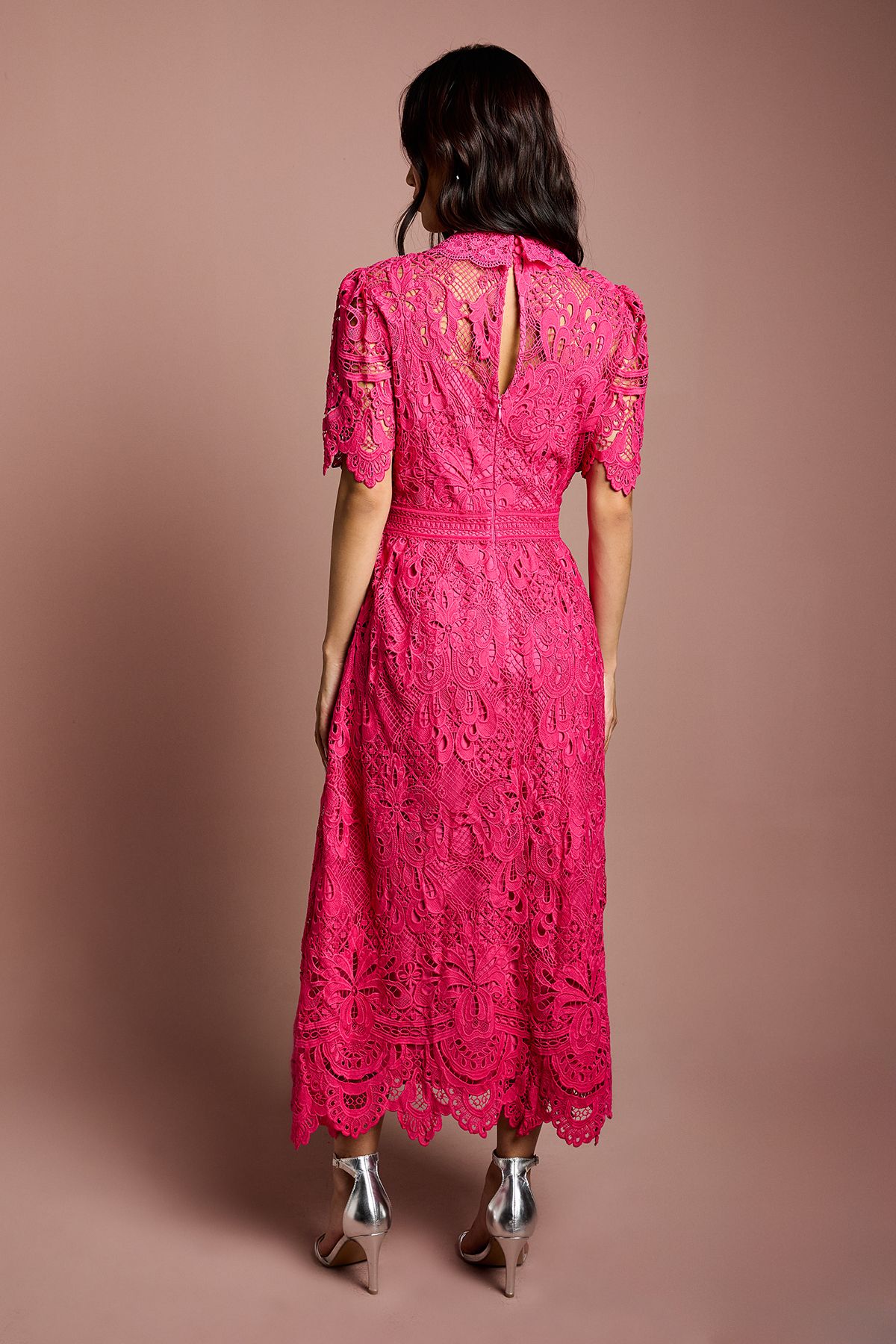 Coast Short Sleeve Collared Lace Midi Dress Raspberry image 3