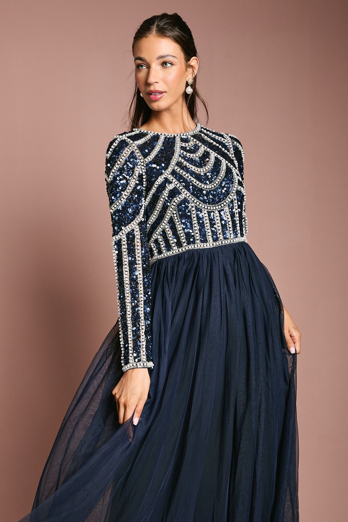 Coast Coast Honoured Long Sleeve Sequin Bodice Tulle Skirt Maxi Bridesmaid Dress Navy image 2