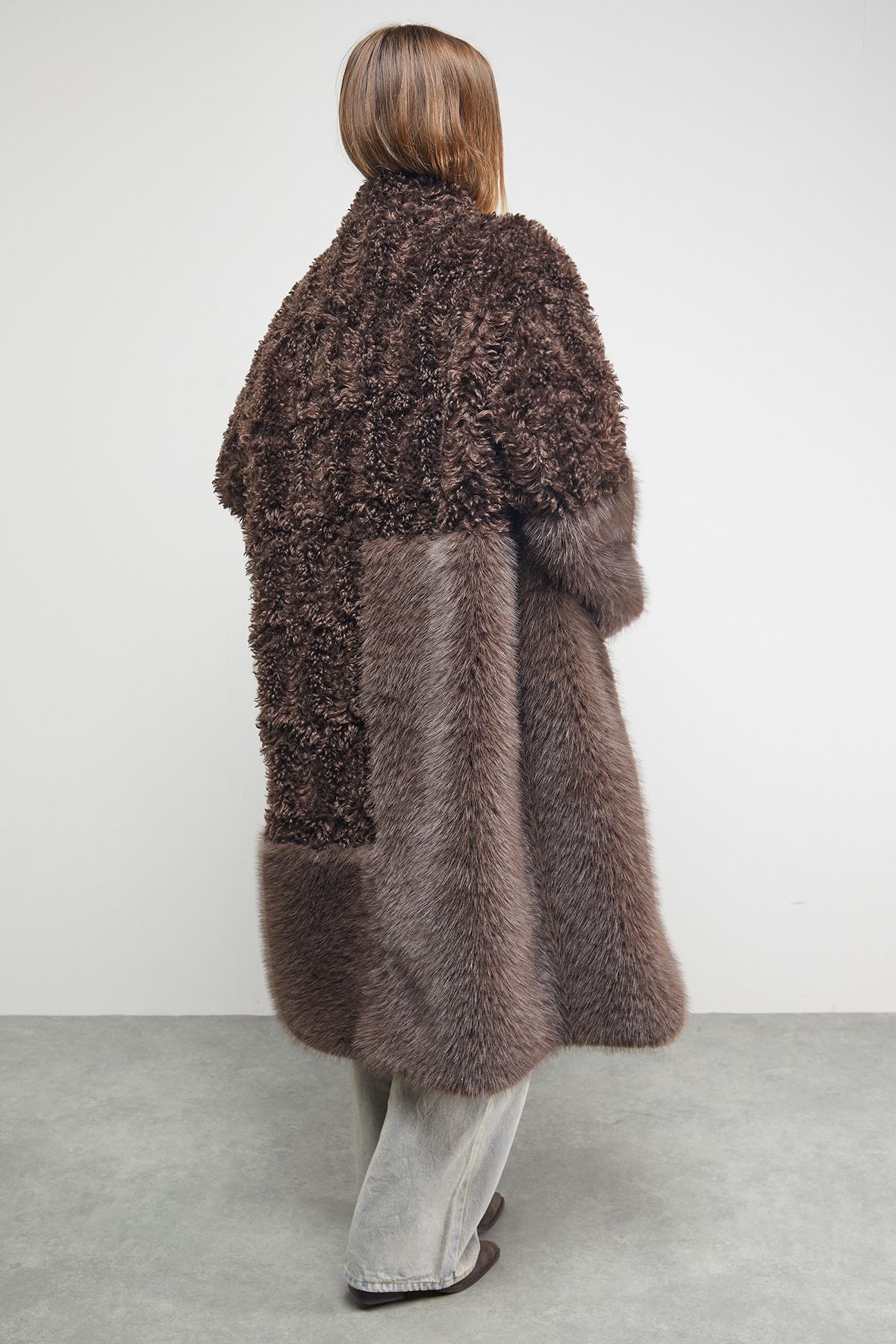 Warehouse Patchwork Fur Midi Coat Chocolate image 3