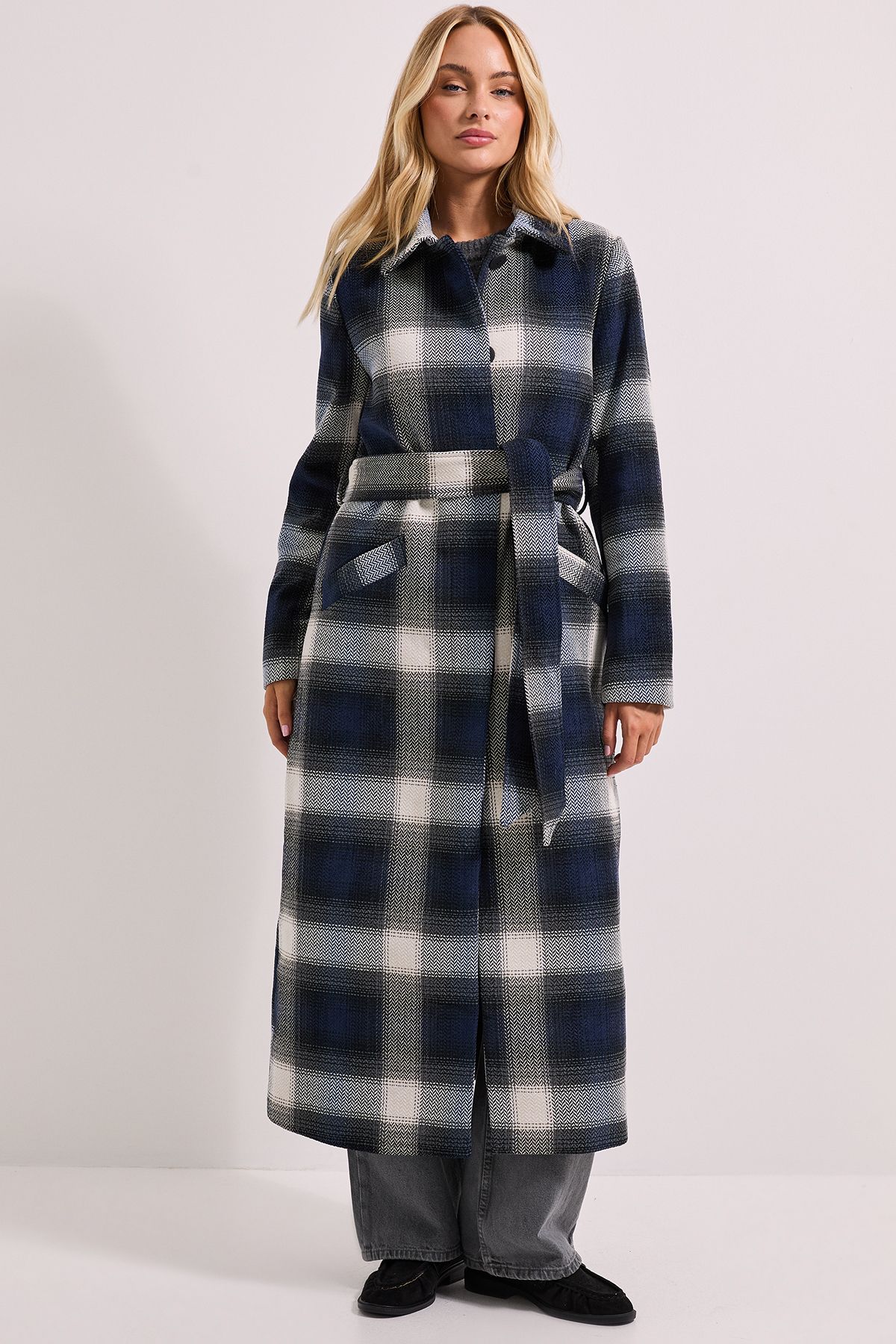 Dorothy Perkins Check Detail Fur Cuff Detail Belted Coat Navy image 1