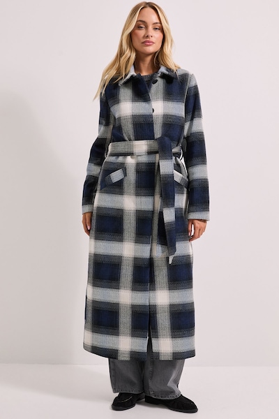 Dorothy Perkins Check Detail Fur Cuff Detail Belted Coat Navy