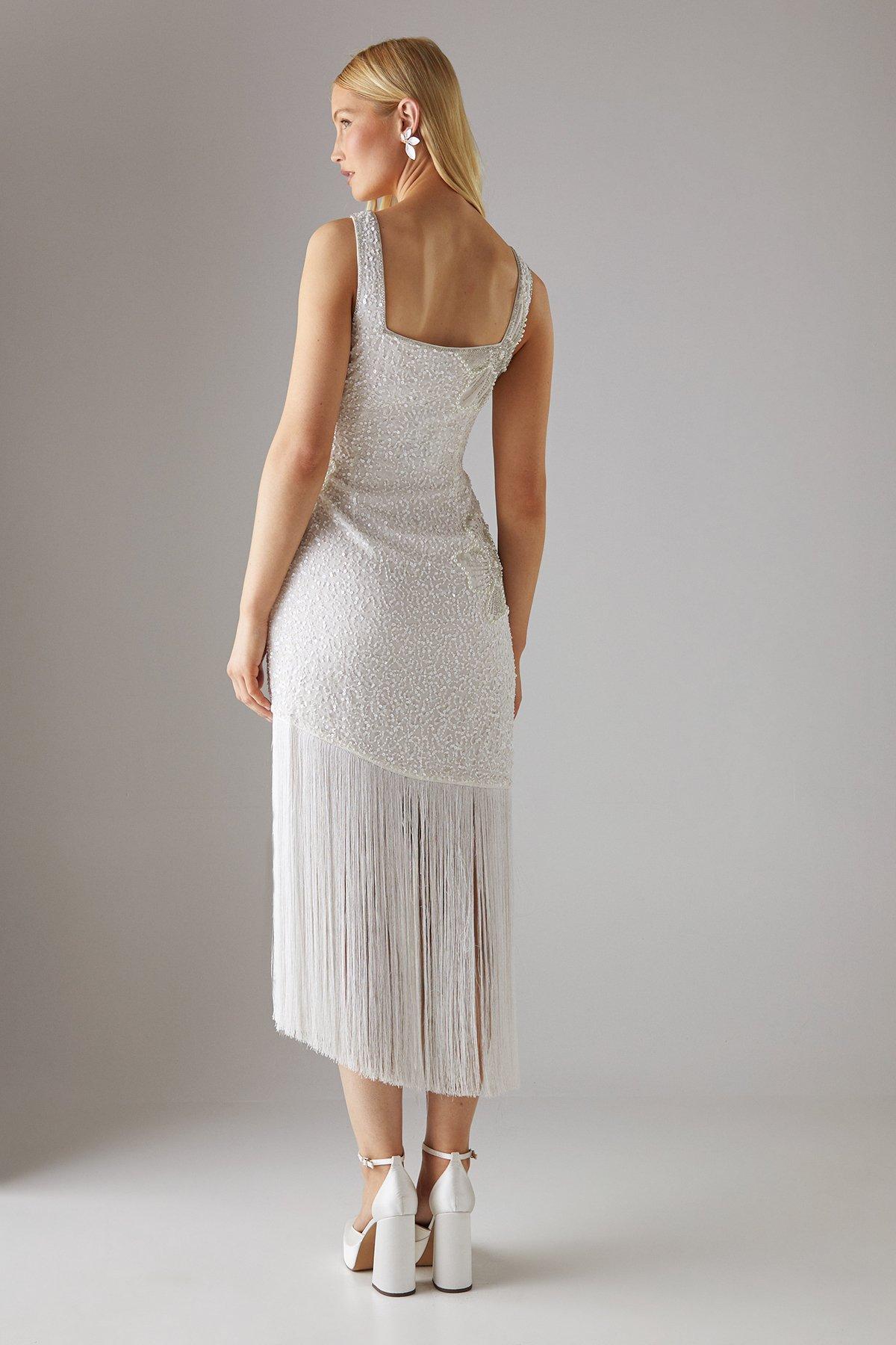 Warehouse Hen Premium Hand Embellished Sequin Flower Fringe Hem Midi Dress Ivory image 3