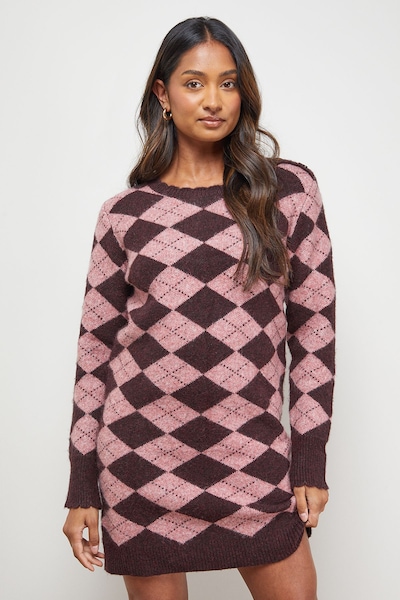 Oasis Argyle Scallop Neck Knitted Mini Dress Pink