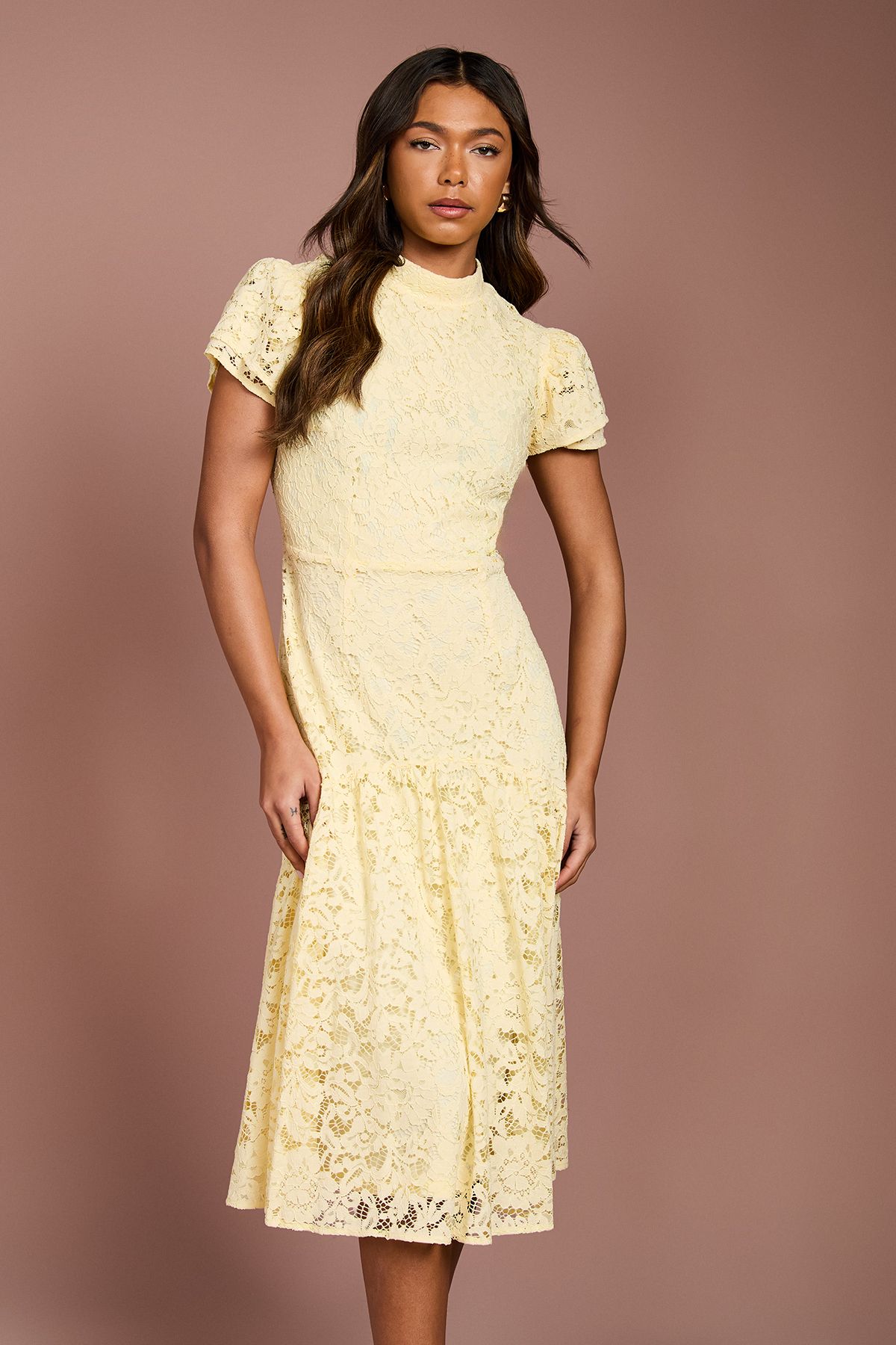 Coast Lace Frill Sleeve High Neck Midi Yellow image 2
