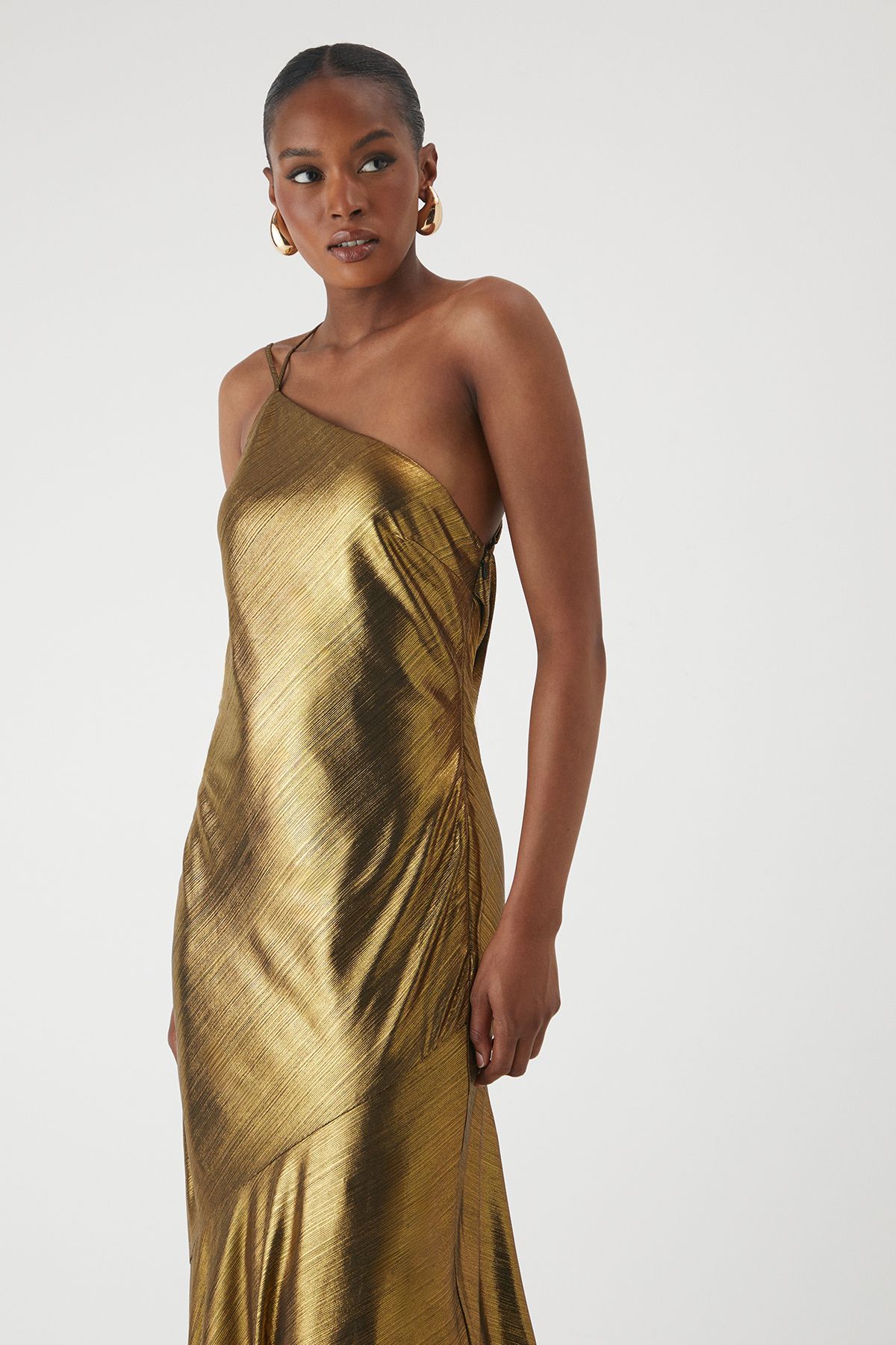 MissPap Asymmetric Neck Metallic Maxi Dress Bronze image 4