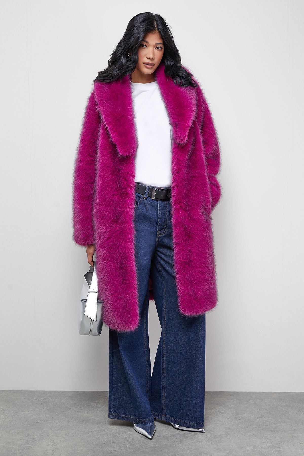 Warehouse Two Tone Luxe Faux Fur Coat Purple image 2