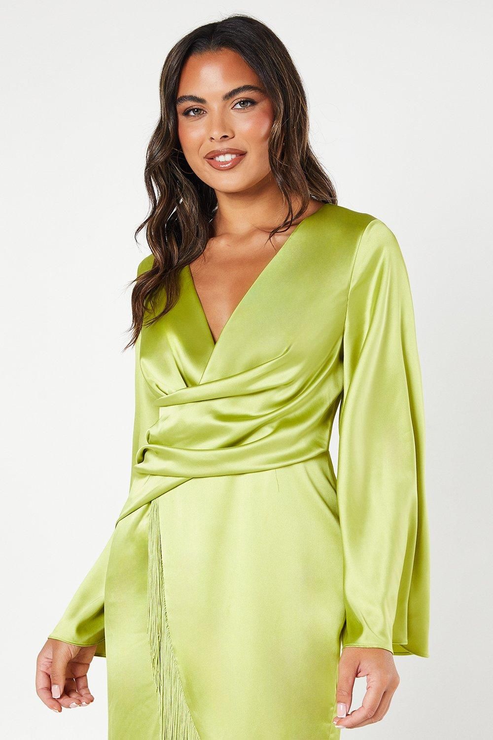 Coast Satin Fringe Hem Wrap Waist Midi Dress Chartreuse image 2