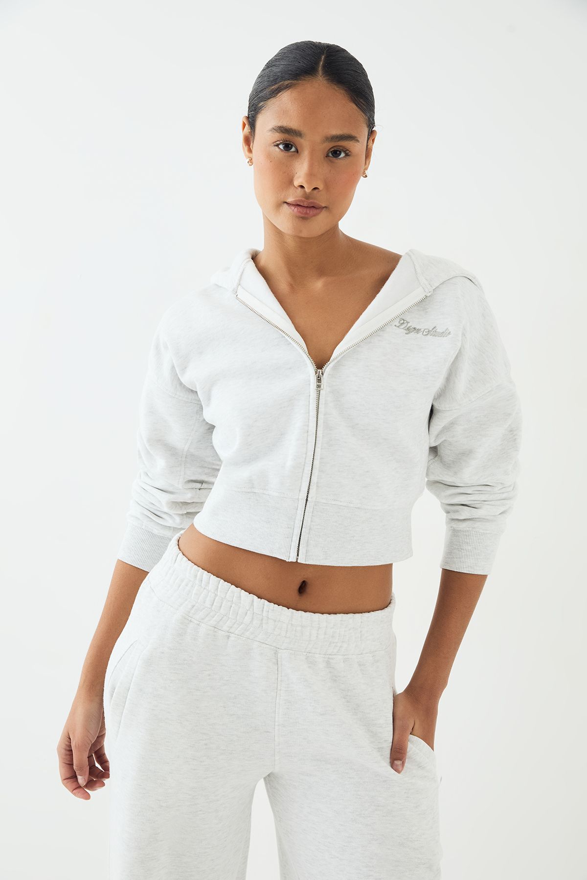 DSGN Studio DSGN Studio Script Embroidered Zip Through Hoodie Ash Grey image 1