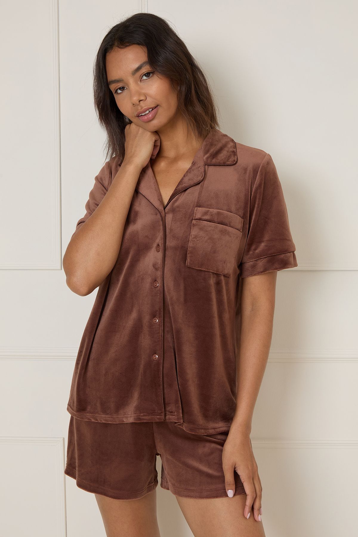 Dorothy Perkins Nightwear Velour Short Set Co-Ord Chocolate image 4