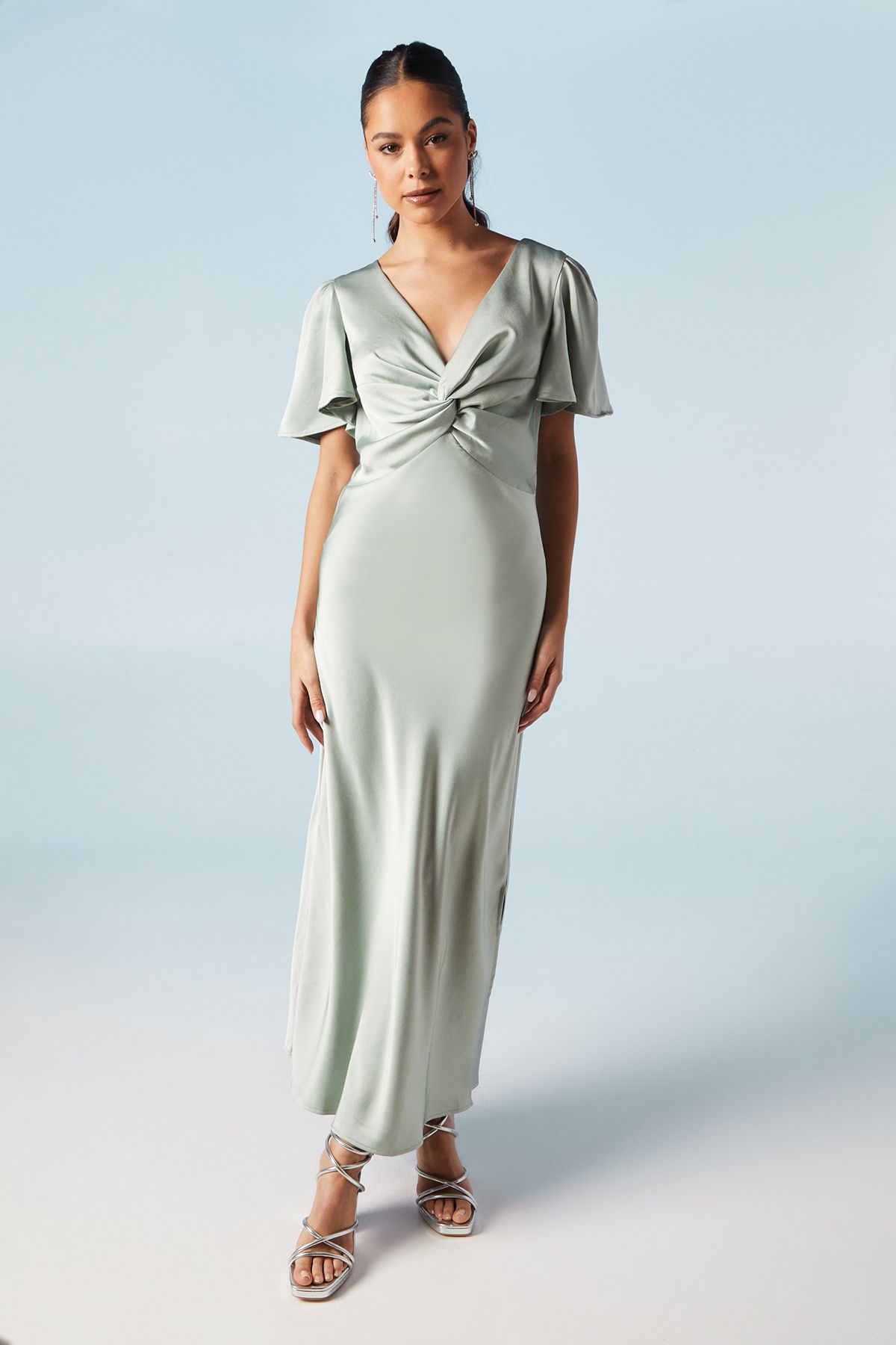 Oasis Oasis by Coast Satin Twist Front Angel Sleeve Midi Bridesmaid Dress Sage