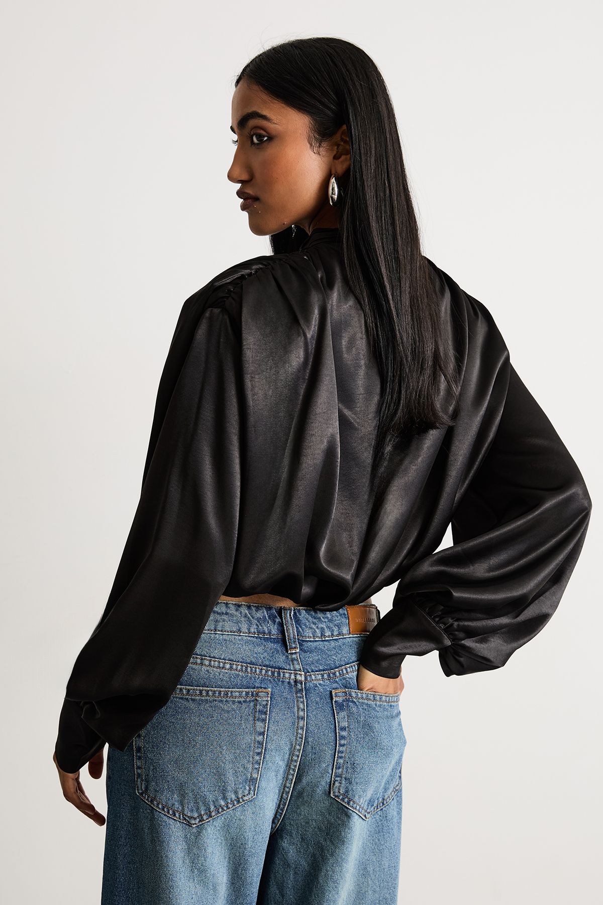 Warehouse Extreme Shoulder Draped Satin Blouse Black image 3