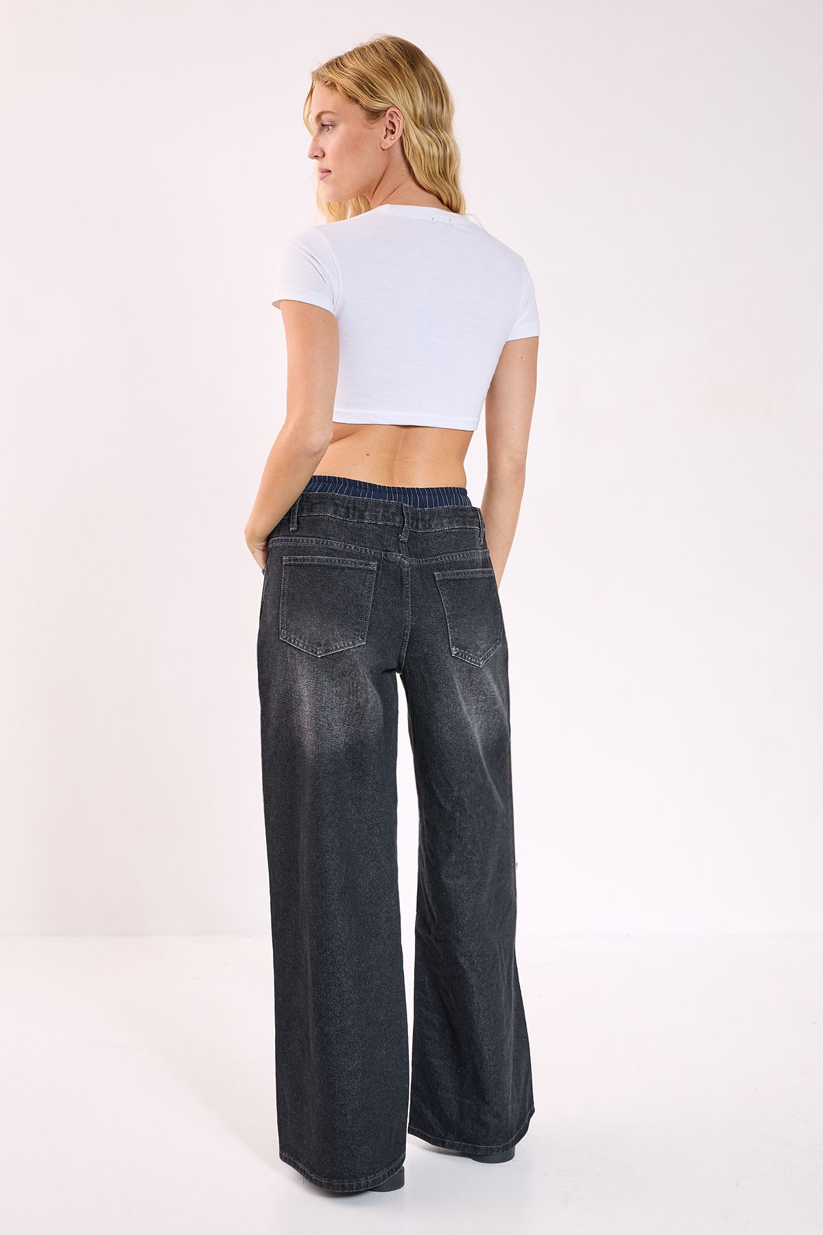 NastyGal Stone Wash Boxer Stripe Waistband Wide Leg Jeans Dark Grey image 4