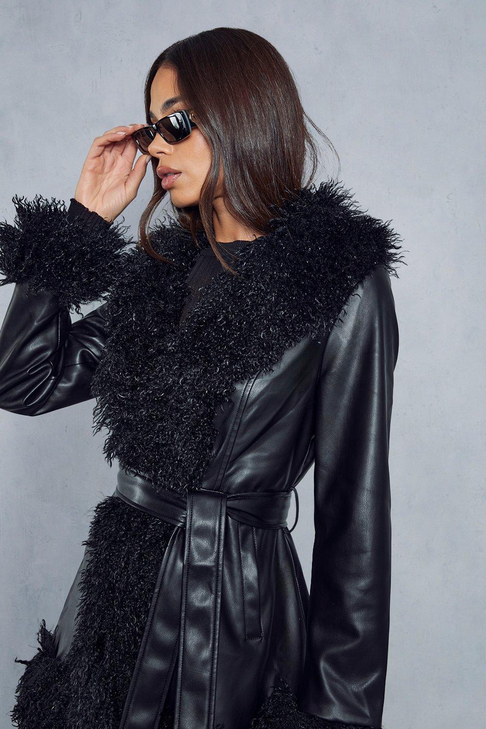 Black Faux Fur Trim Long Leather Jacket With Fur Black Faux Fur