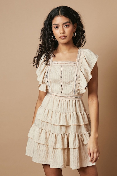Oasis Petite Tiered Lace Insert Mini Dress Beige