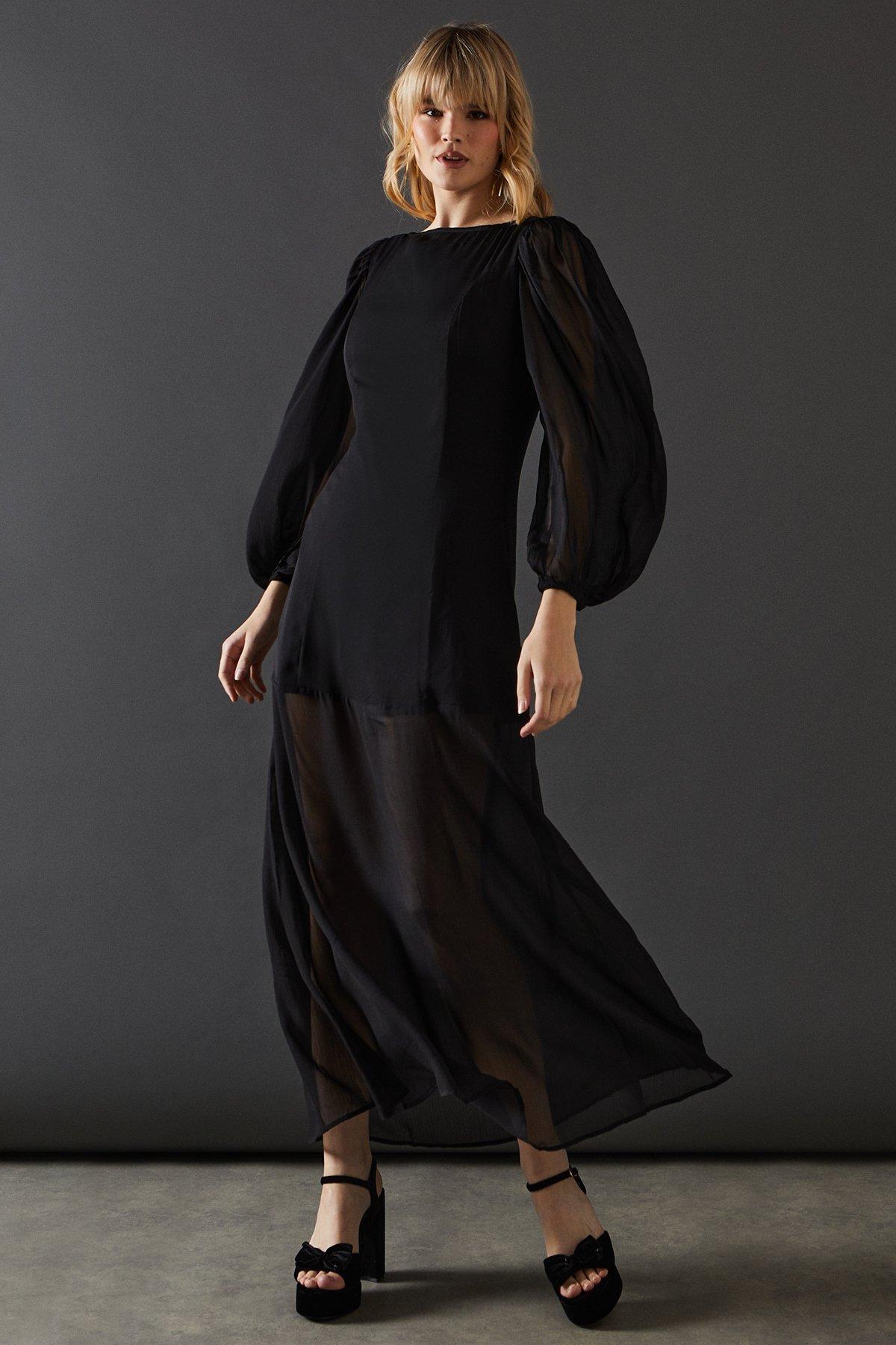 Warehouse Chiffon Long Sleeve Maxi Dress Black image 1