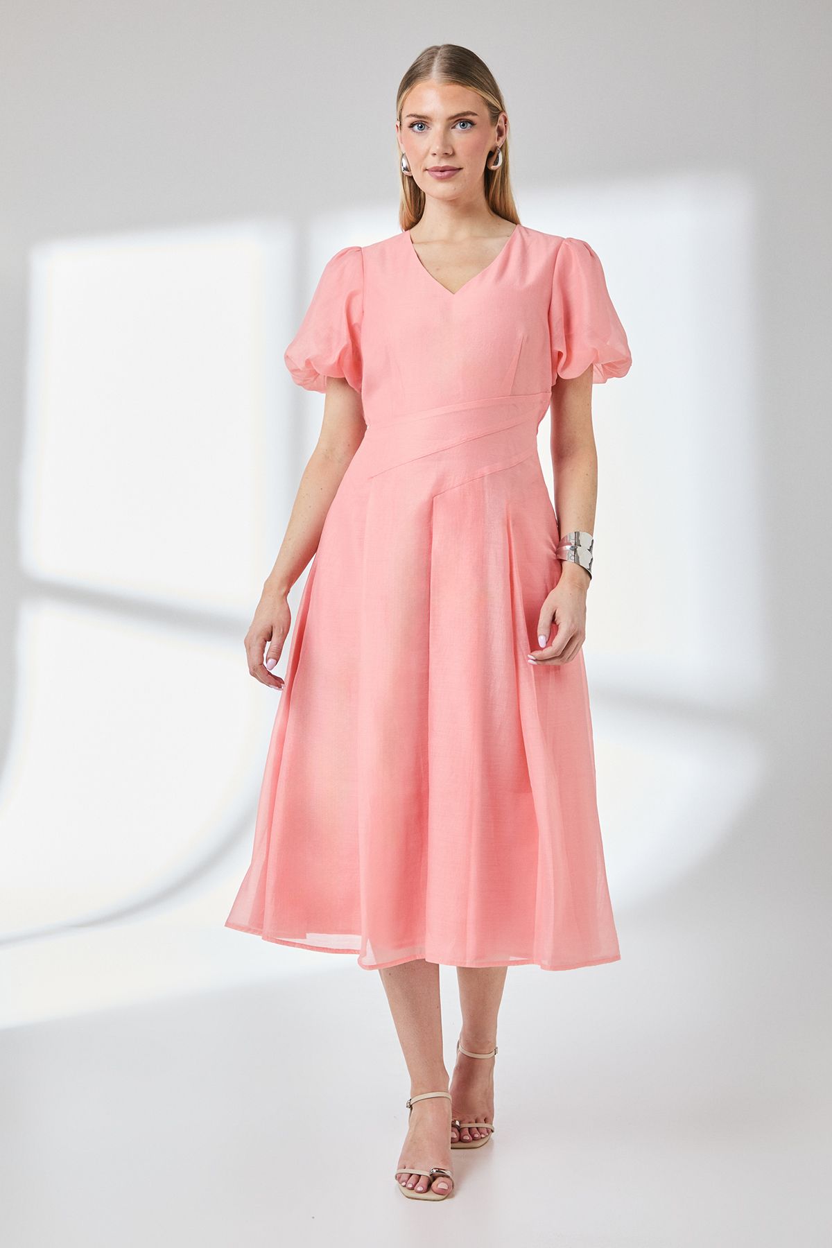 Principles Coral Puff Sleeve Organza Midi Dress Coral image 5