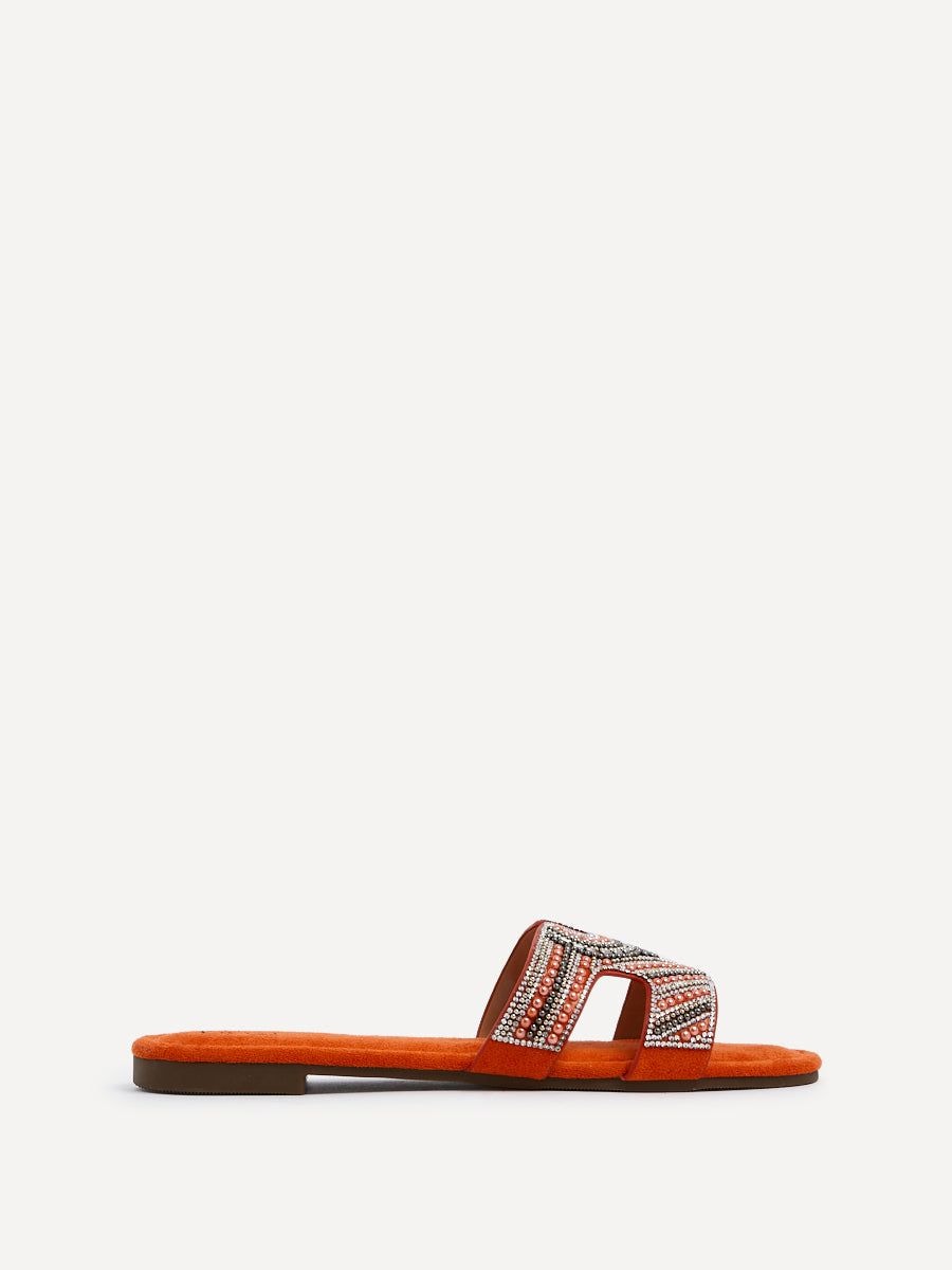 Linzi Indira Orange Suede Aztec Design Embellished Slider Sandal image 1