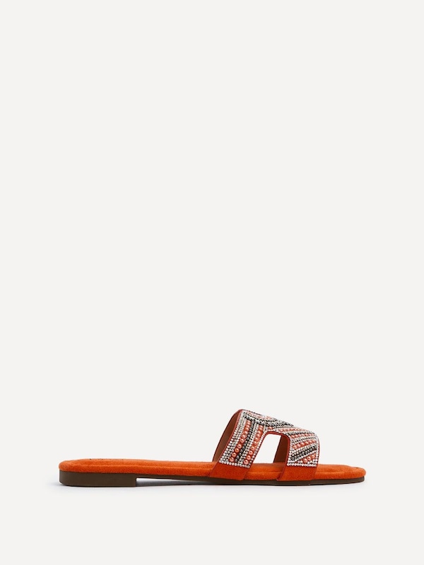 Linzi Indira Orange Suede Aztec Design Embellished Slider Sandal