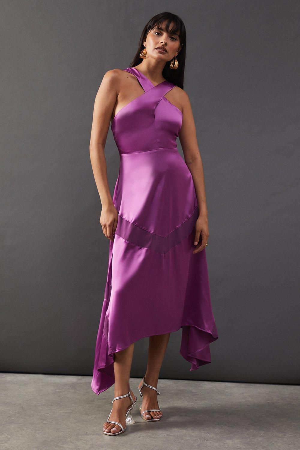 Warehouse Satin Cross Front Chiffon Insert Hanky Hem Midi Dress Purple