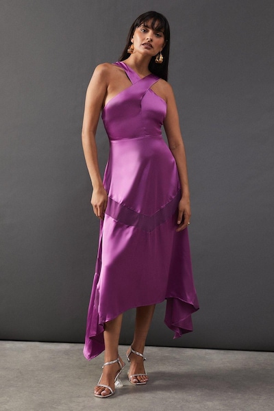 Warehouse Satin Cross Front Chiffon Insert Hanky Hem Midi Dress Purple