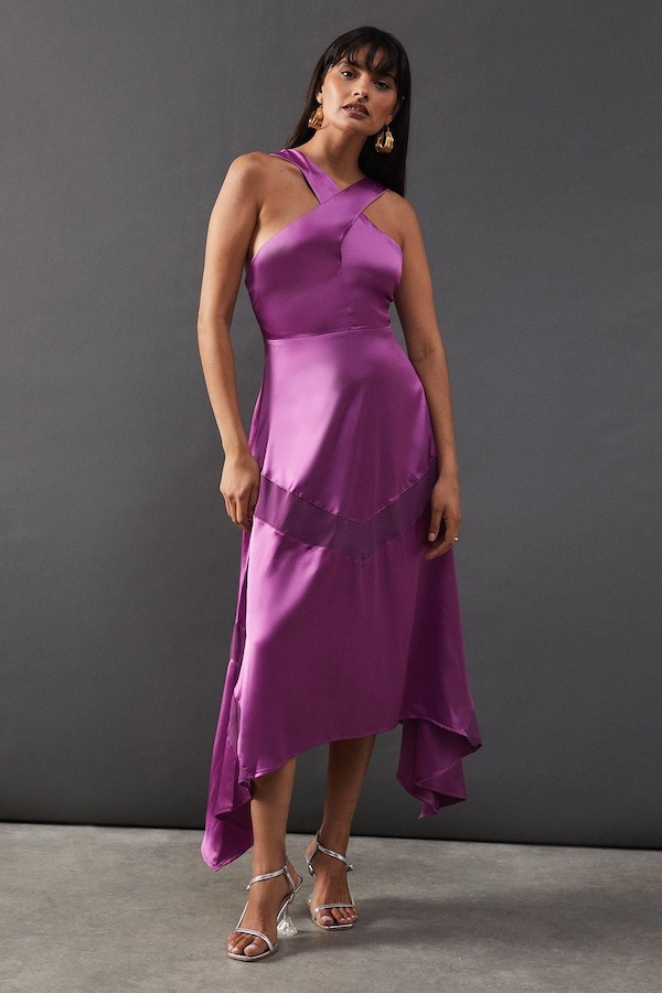Warehouse Satin Cross Front Chiffon Insert Hanky Hem Midi Dress Purple