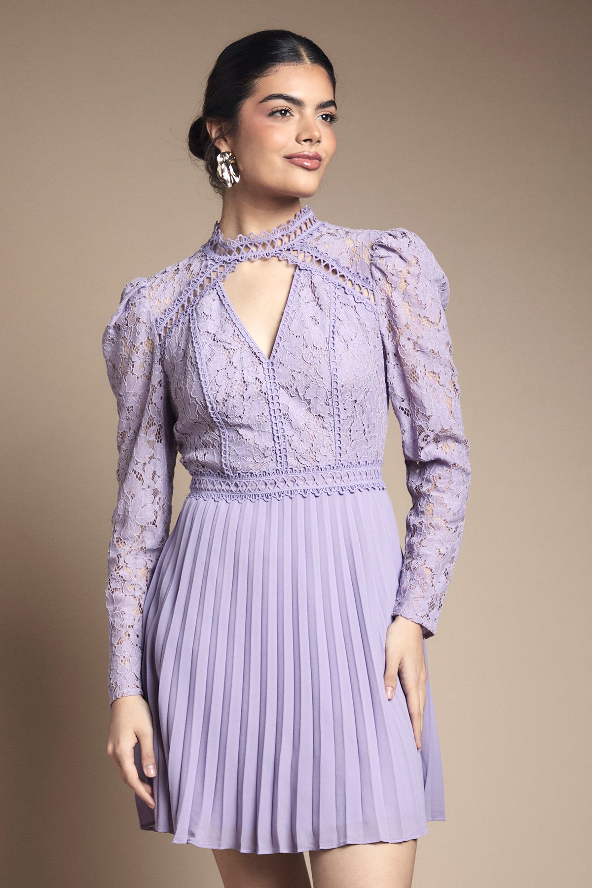 Oasis Lace Bodice Pleat Mini Dress Purple