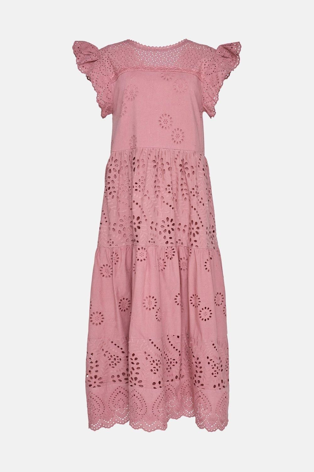 Warehouse Broderie Mix Tiered Midi Dress Rose image 4
