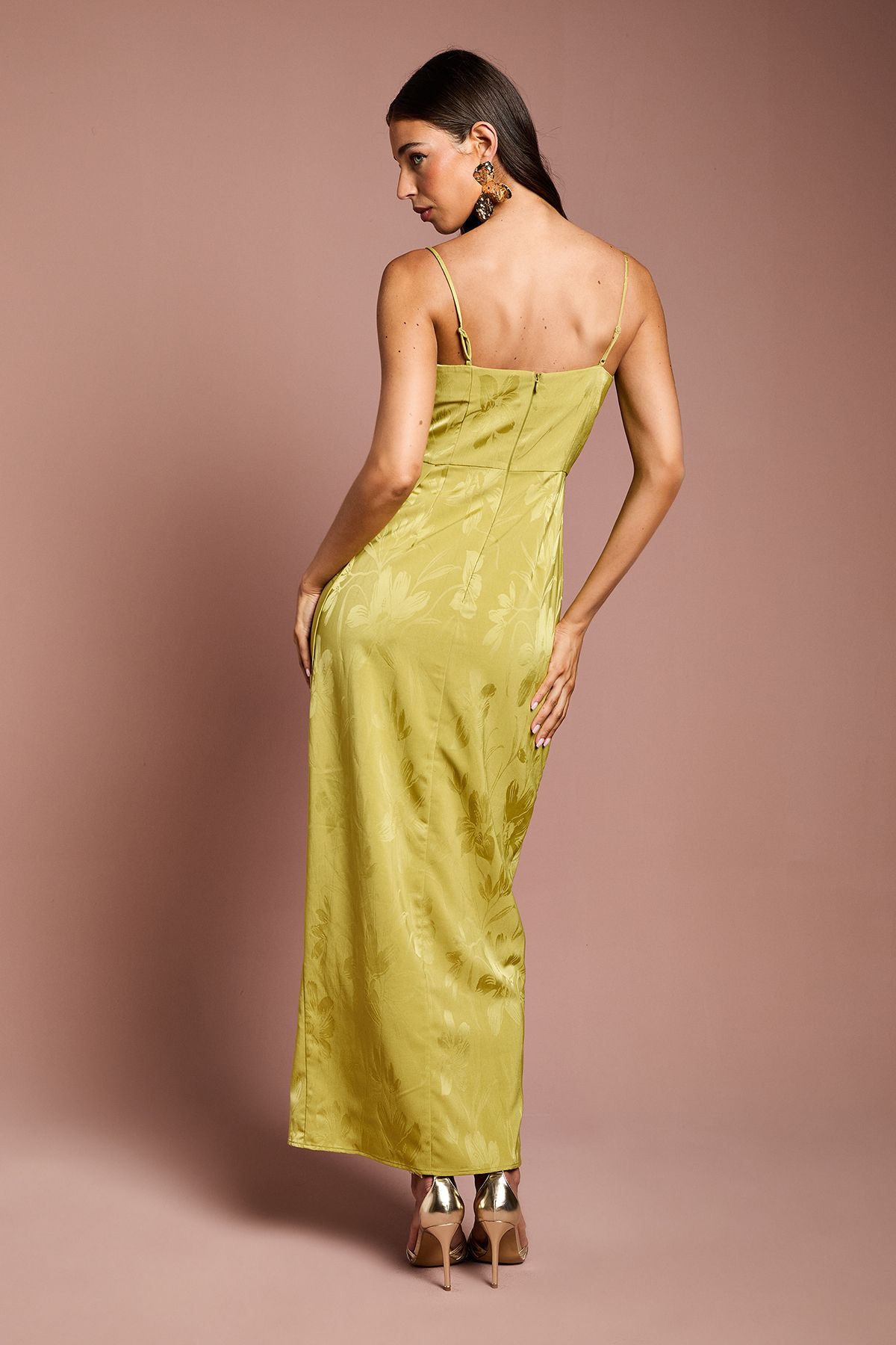 Coast Jacquard Satin Midaxi Dress With Wrap Skirt Olive image 4