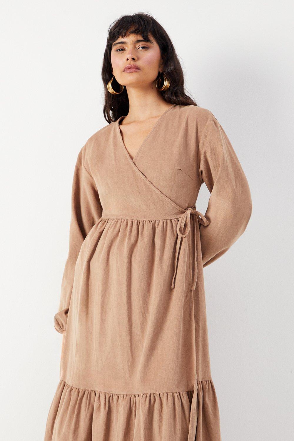 Warehouse Baby Cord Wrap Midi Smock Dress Taupe image 2