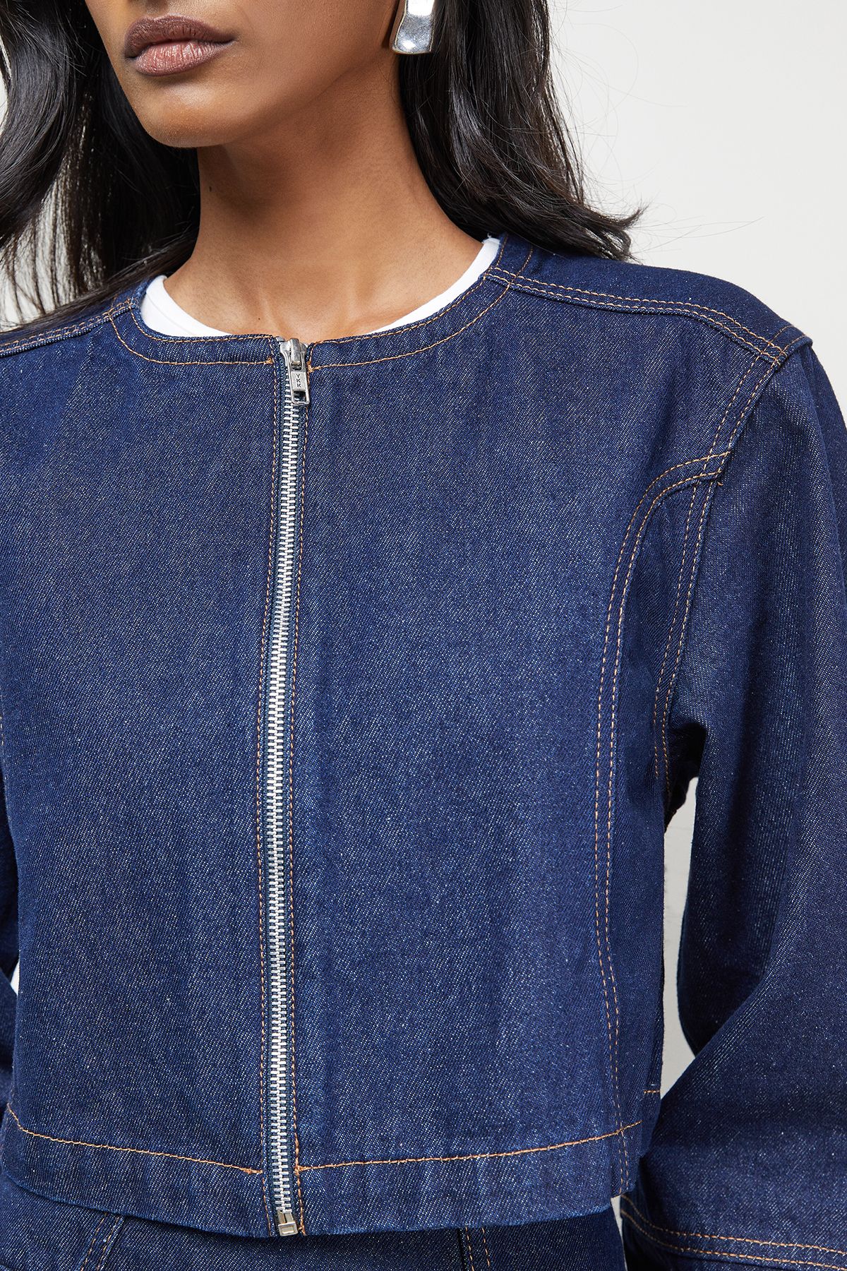 Warehouse Denim Zip Front Drawstring Hem Top Co-ord Indigo image 5