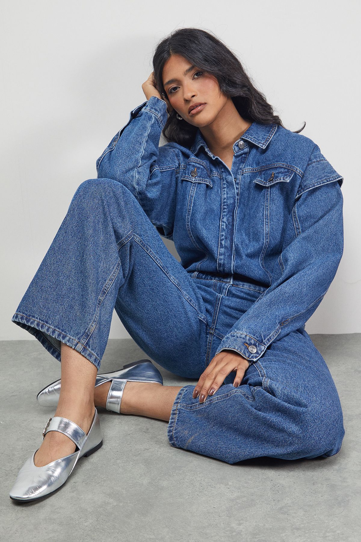 Warehouse Tony Denim Jumpsuit With Stepped Shoulder Detail Mid Blue image 3