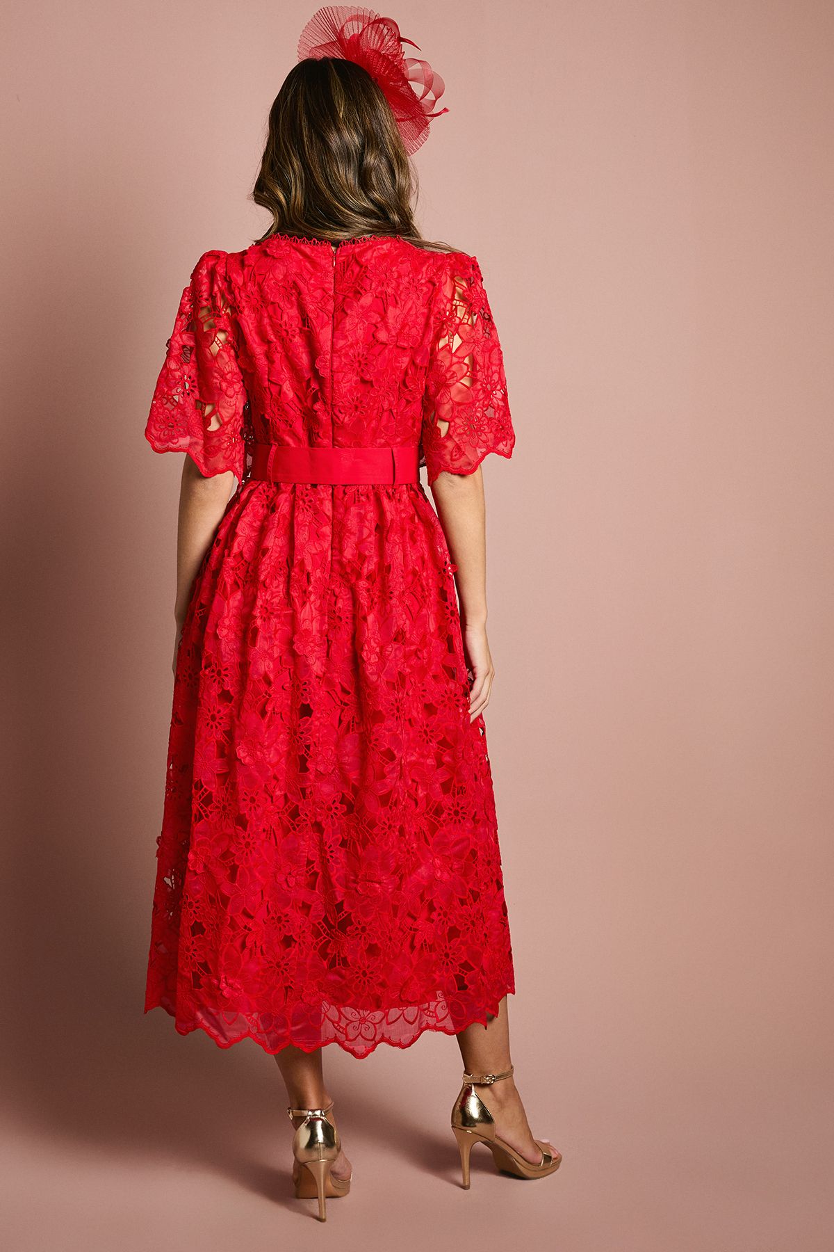 Coast Short Sleeve Full Skirted Lace Midi Dress Red image 3