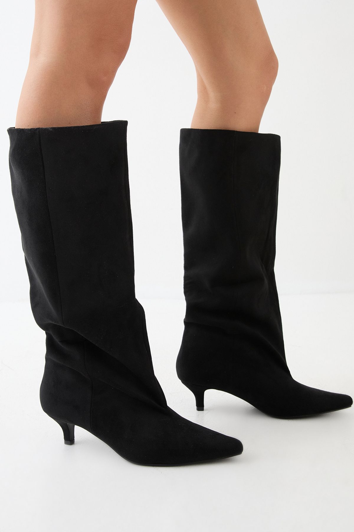 MissPap Low Stiletto Faux Suede Slouch Knee High Boots Black image 4