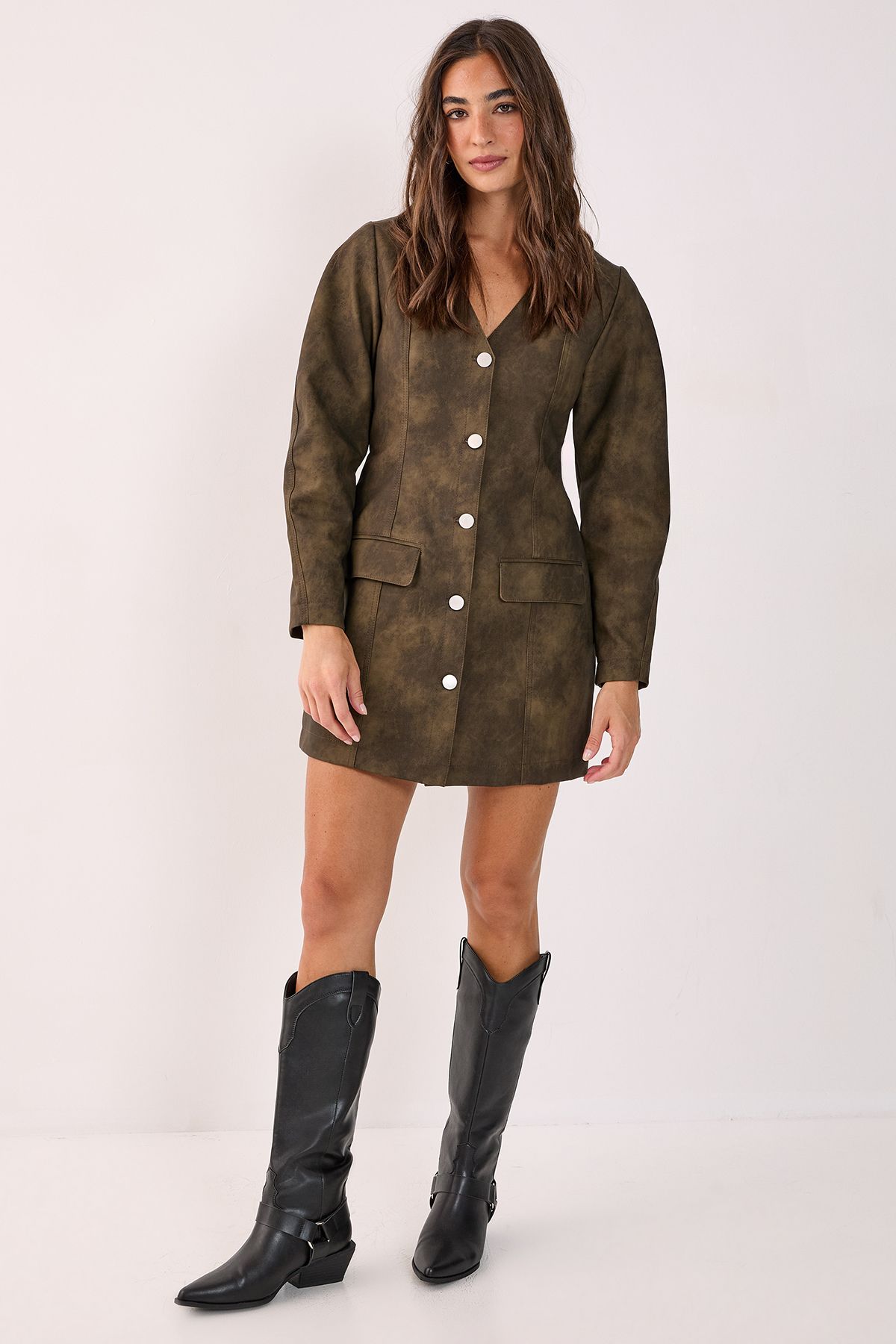 NastyGal Cocoon Sleeve Faux Leather Blazer Mini Dress Olive image 2