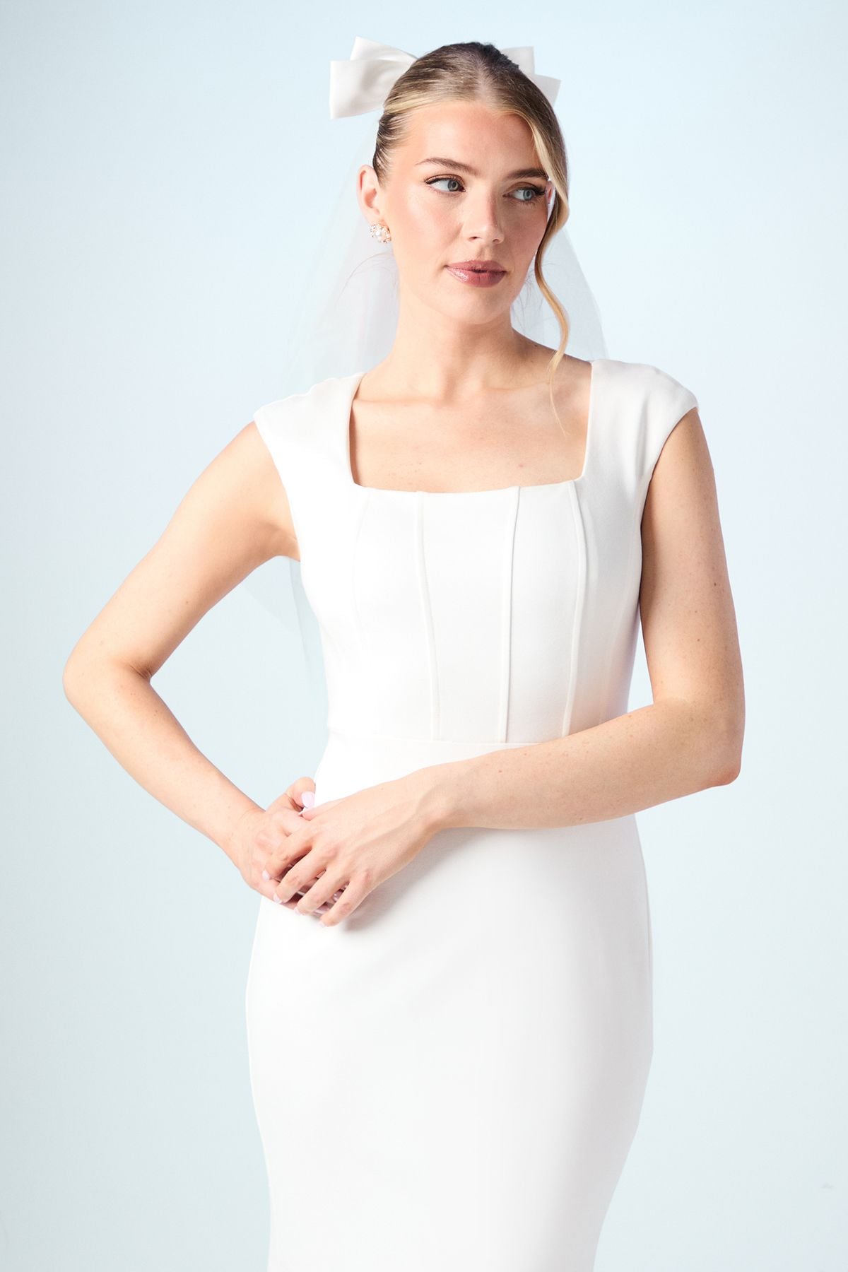 Coast Square Neck Ponte Fishtail Wedding Dress With Puddle Ivory image 2