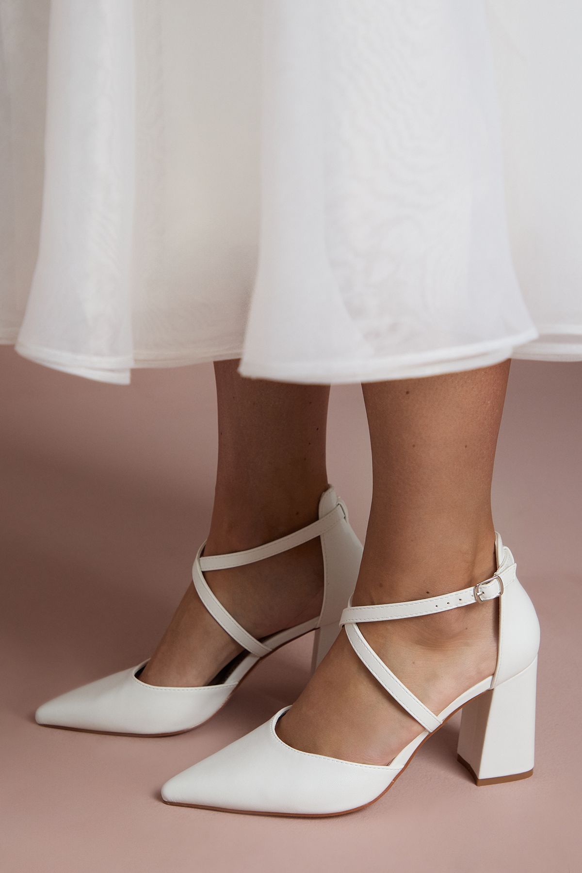 Coast Wide Fit Treat Faux Suede Cross Strap Pointed Block Heel Court Shoes White image 1