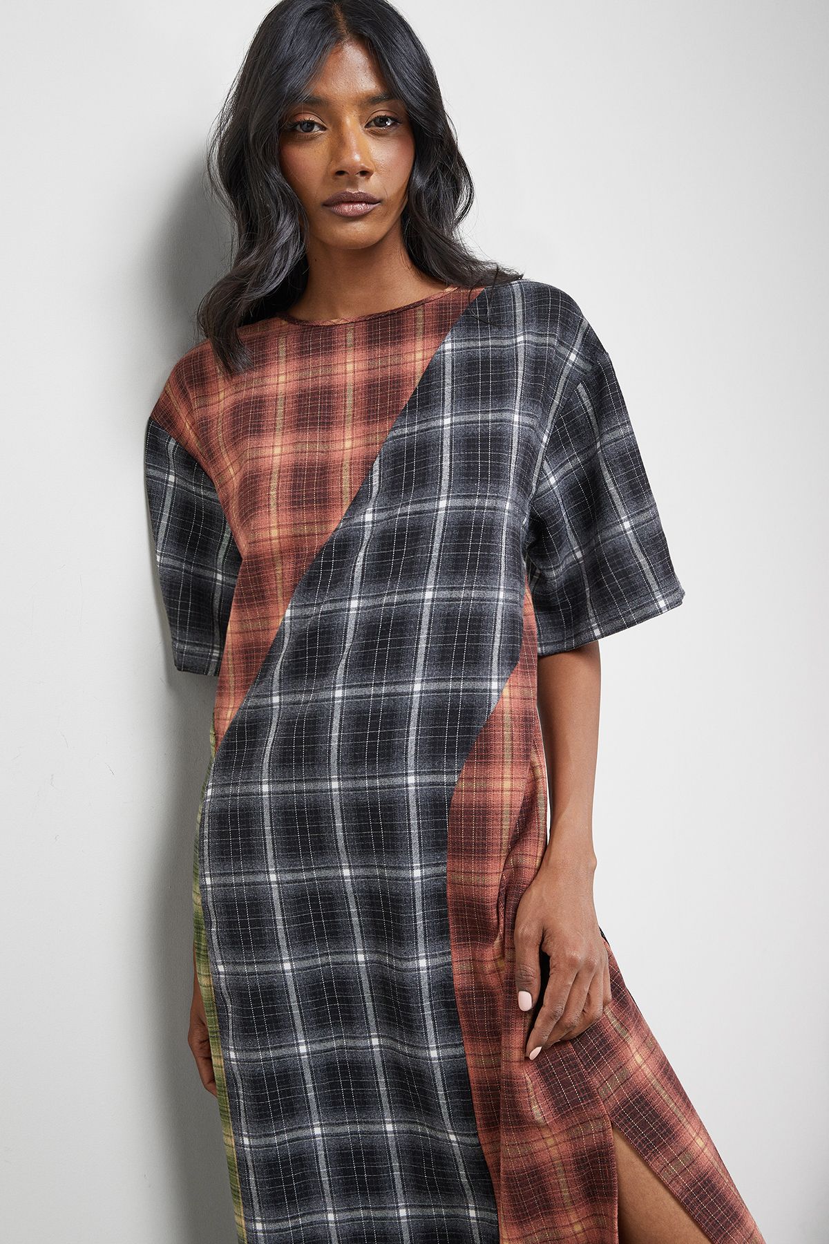 Warehouse Mixed Panelled Check Oversized Midi T-Shirt Dress Multi image 2