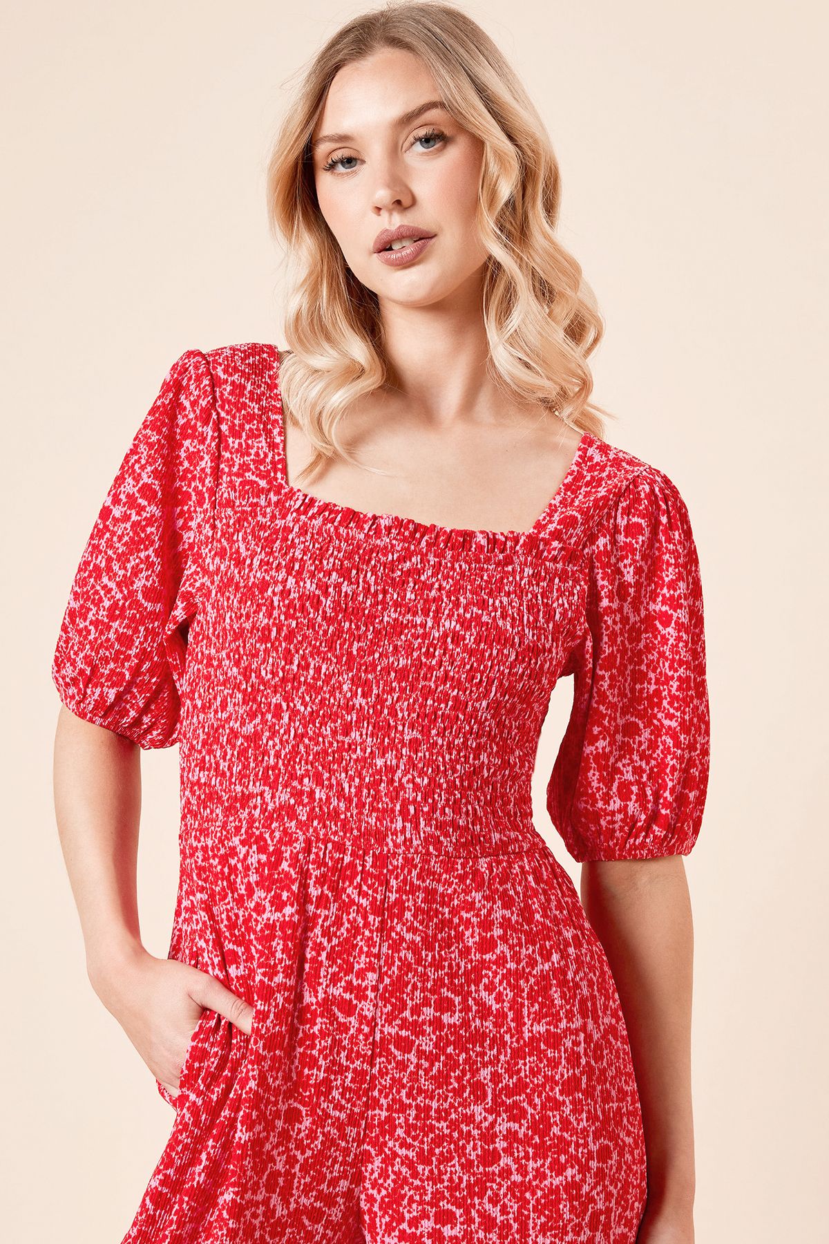 Dorothy Perkins Red Ditsy Shirred Bodice Puff Sleeve Jersey Bodysuit Red image 2