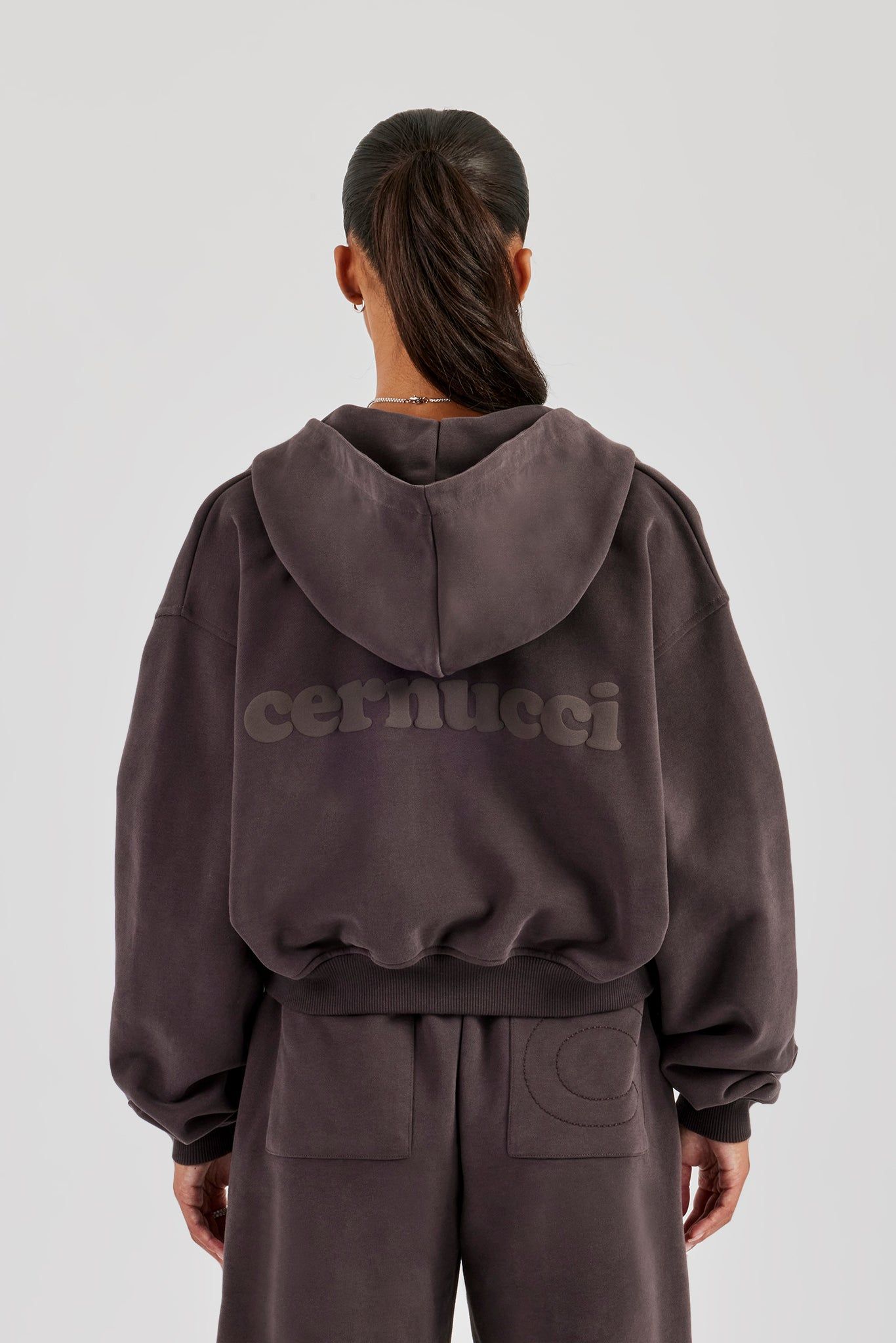 Cernucci Cropped Zip Through Hoodie - Coffee image 2