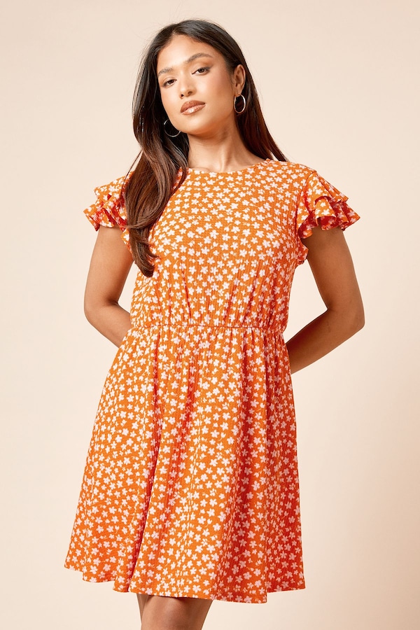 Dorothy Perkins Petite Orange Ditsy Double Angel Sleeve Jersey Mini Dress Orange