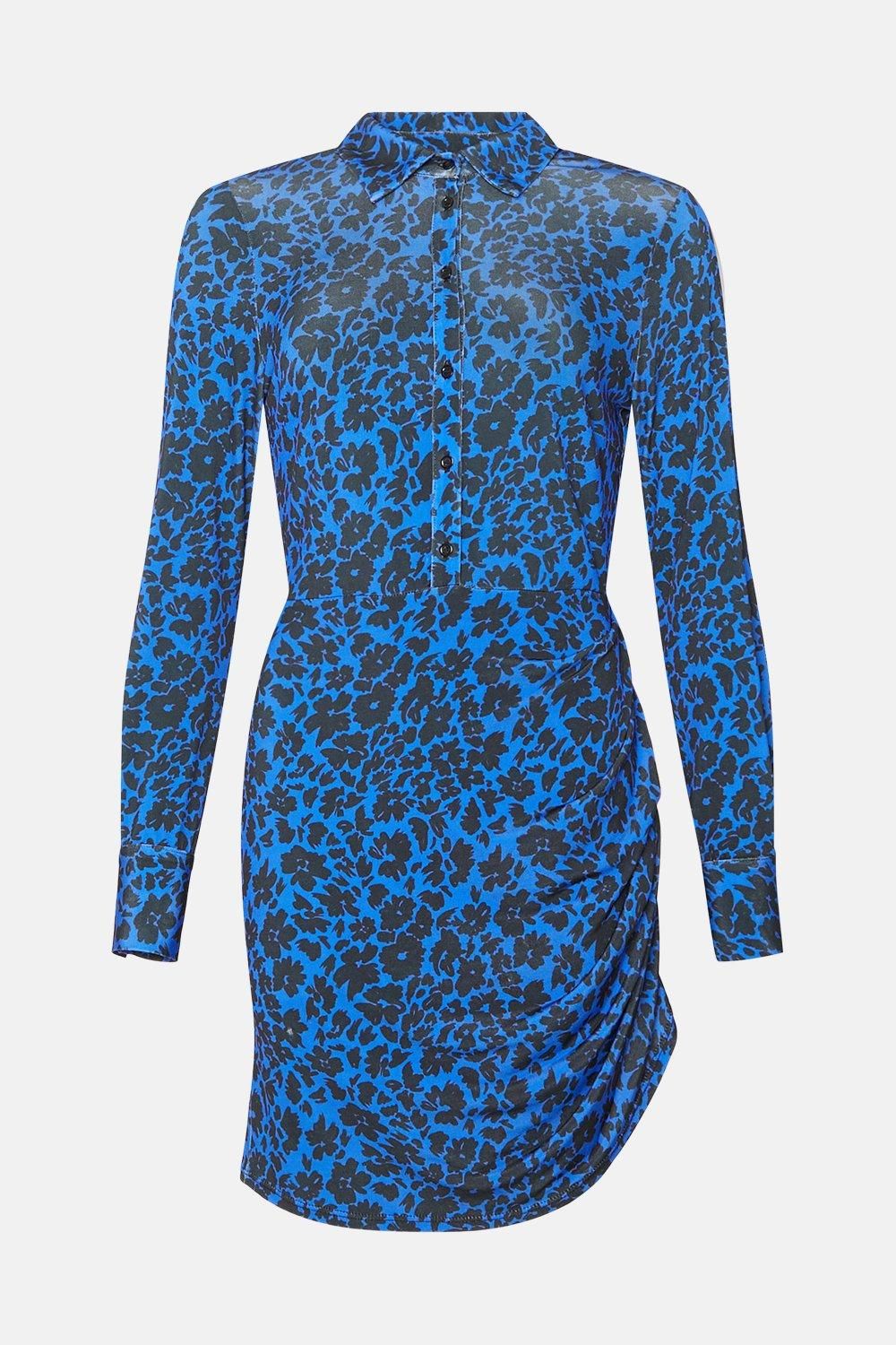 Oasis Slinky Floral Mock Wrap Shirt Mini Dress Blue image 4