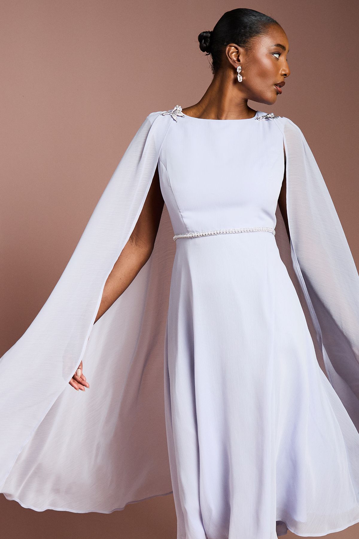 Coast Detachable Cape Georgette Dress with Diamante Broach Detail Lilac image 4